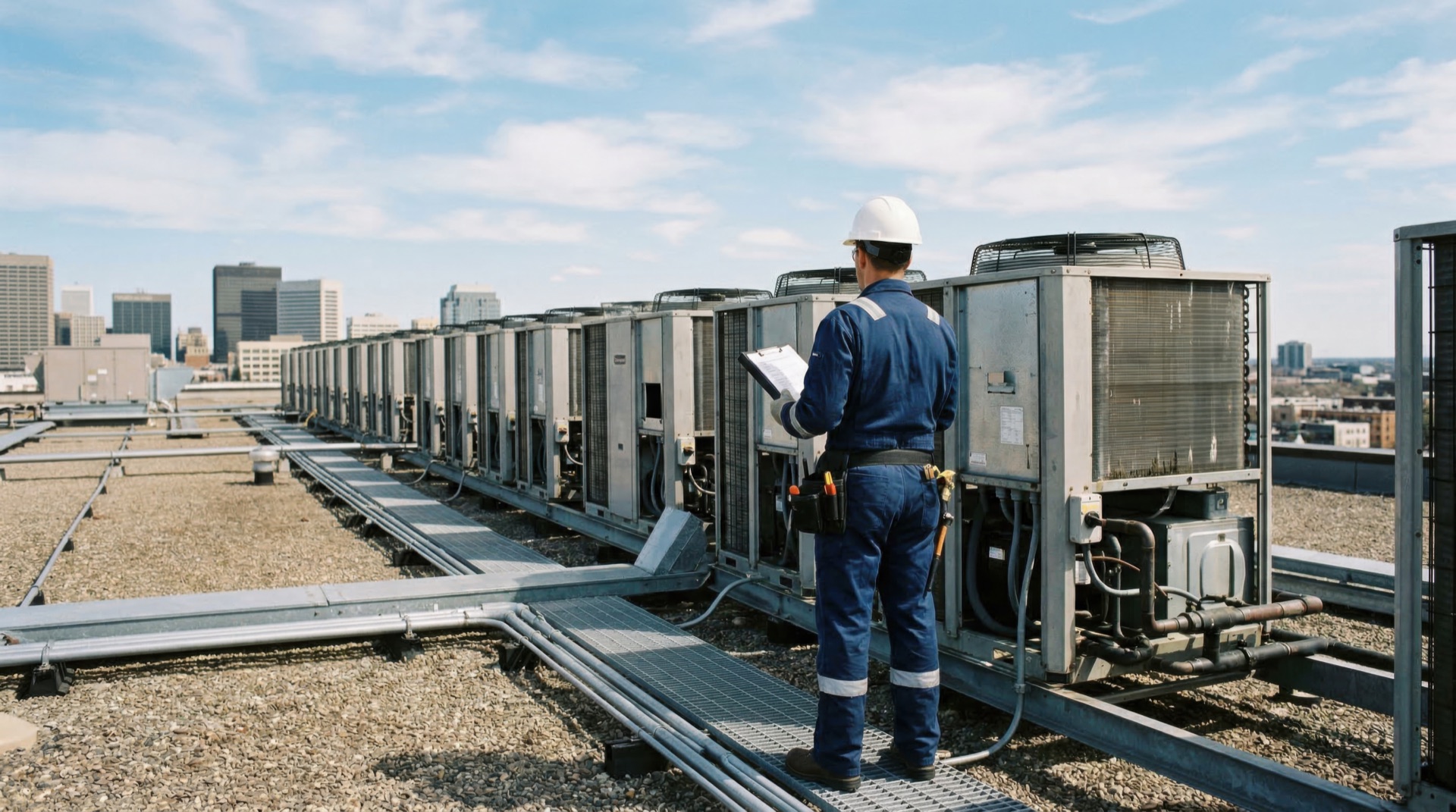 HVAC technician in hard hat inspecting rooftop air conditioning units on commercial building
