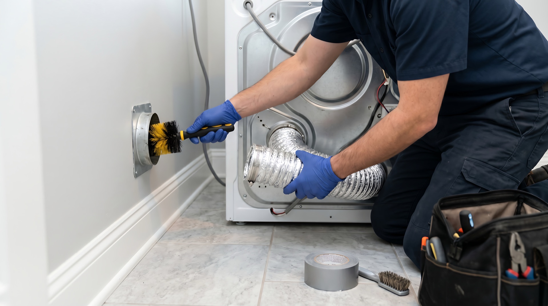 Technician in blue gloves cleaning dryer vent with brush and duct hose