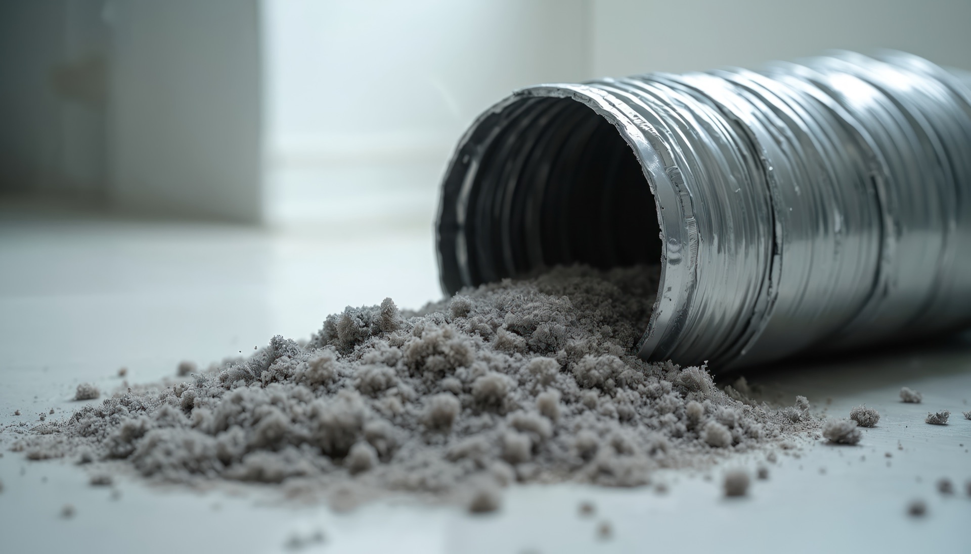 Metallic dryer vent duct spilling gray lint and debris onto white surface