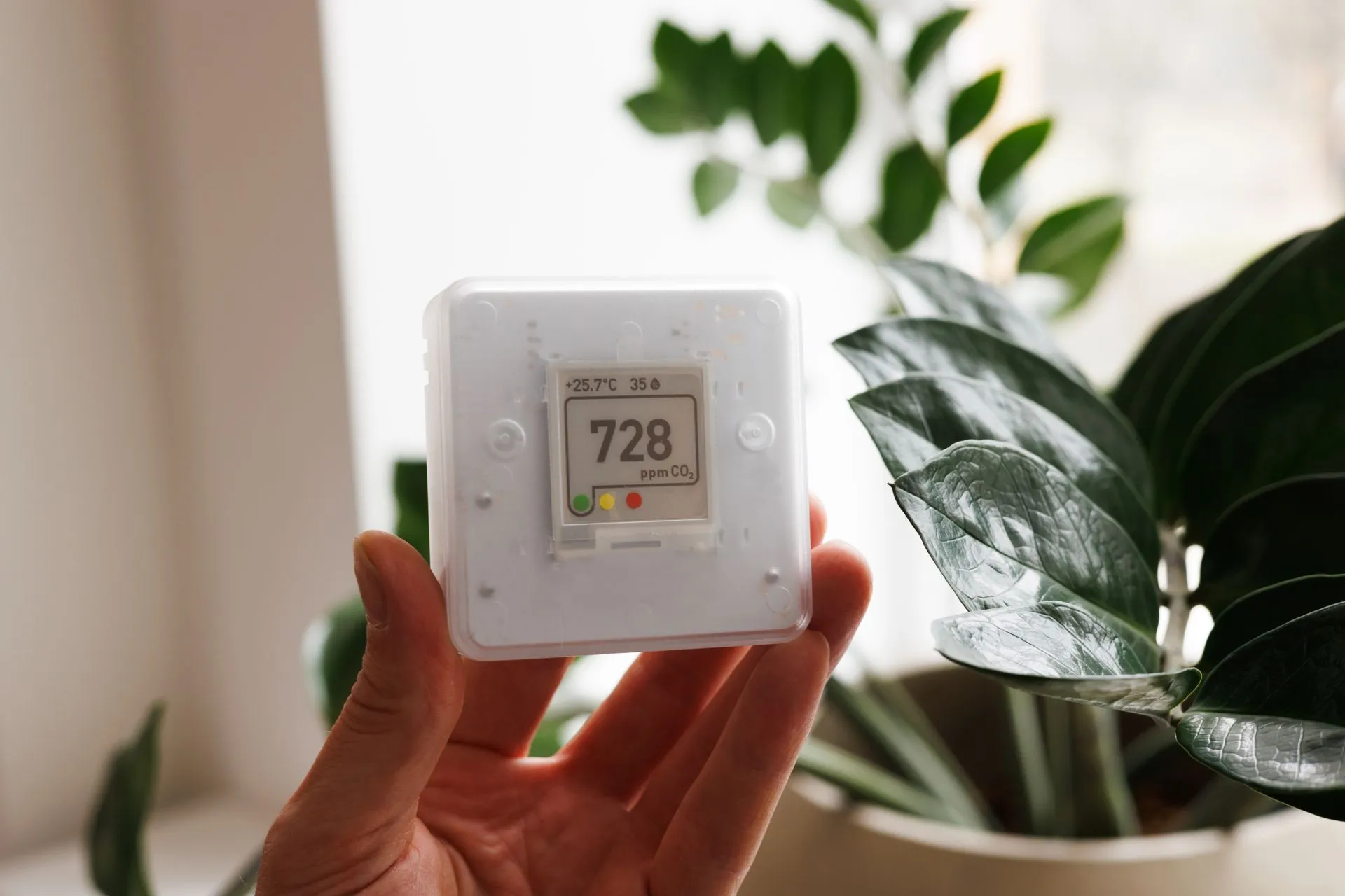 Hand holding white CO2 monitor displaying 728 ppm with temperature and humidity readings near potted plants