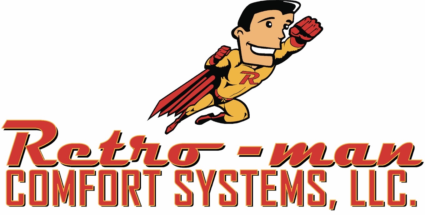 Retro-Man Comfort Systems LLC logo with flying superhero character in yellow and red costume