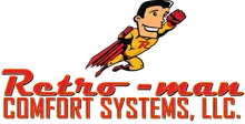 Retro Man Comfort Systems LLC logo with cartoon superhero character in red and yellow